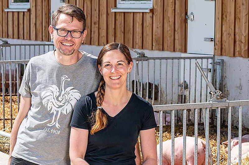Engraissement de porcs | Couple devant la zone extérieure 