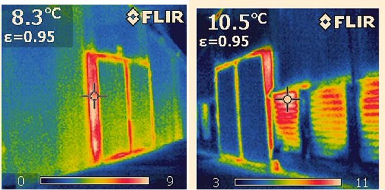 Afbeelding 3: Opname van een warmtebeeldcamera. De rood oplichtende gedeelten zijn plekken waar warmte verloren gaat.