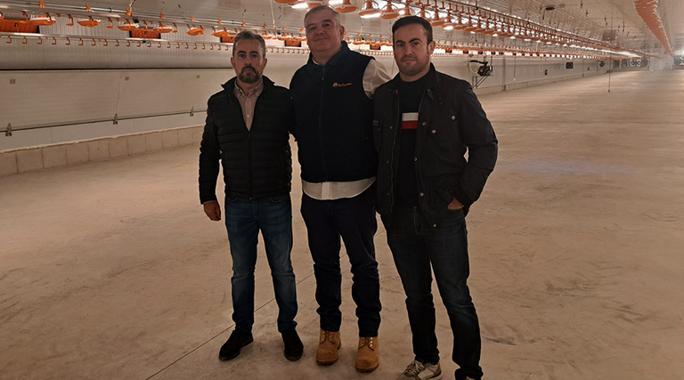 Tre uomini in un capannone di polli da carne