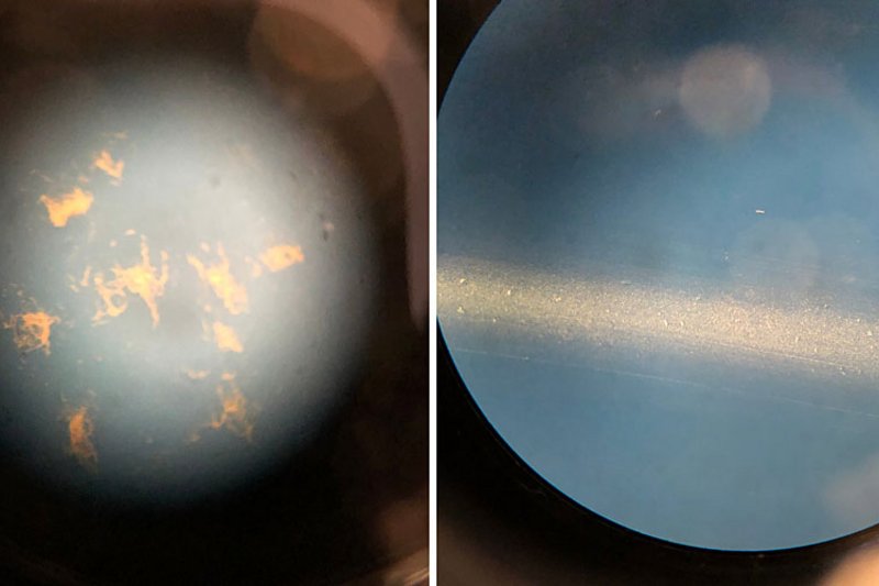 Fig. 5: Manguera de PUR bajo el microscopio. A la izquierda sin limpiar, a la derecha limpia.