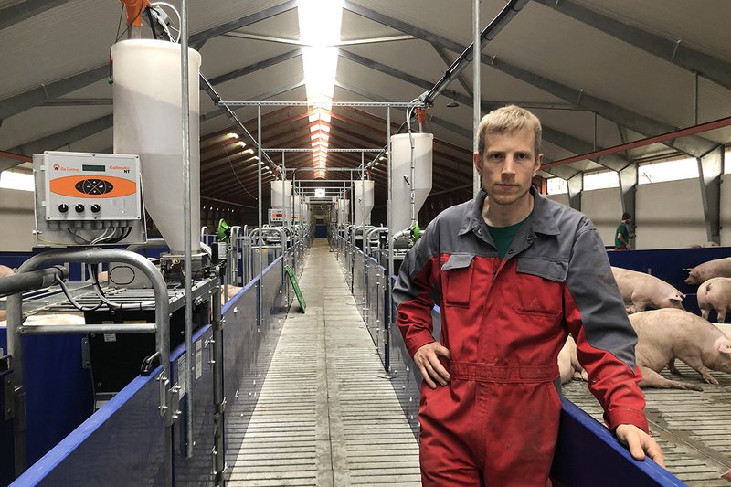 Farmer in a long aisle with pens to the left and to the right