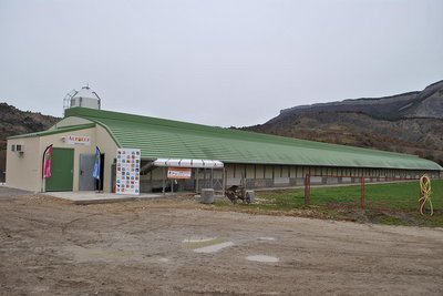 Vue sur le bâtiment élevage en volière