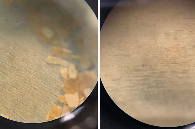 Zdj. 4: Wąż PVC pod mikroskopem. Na lewo nieoczyszczony, na prawo oczyszczony.